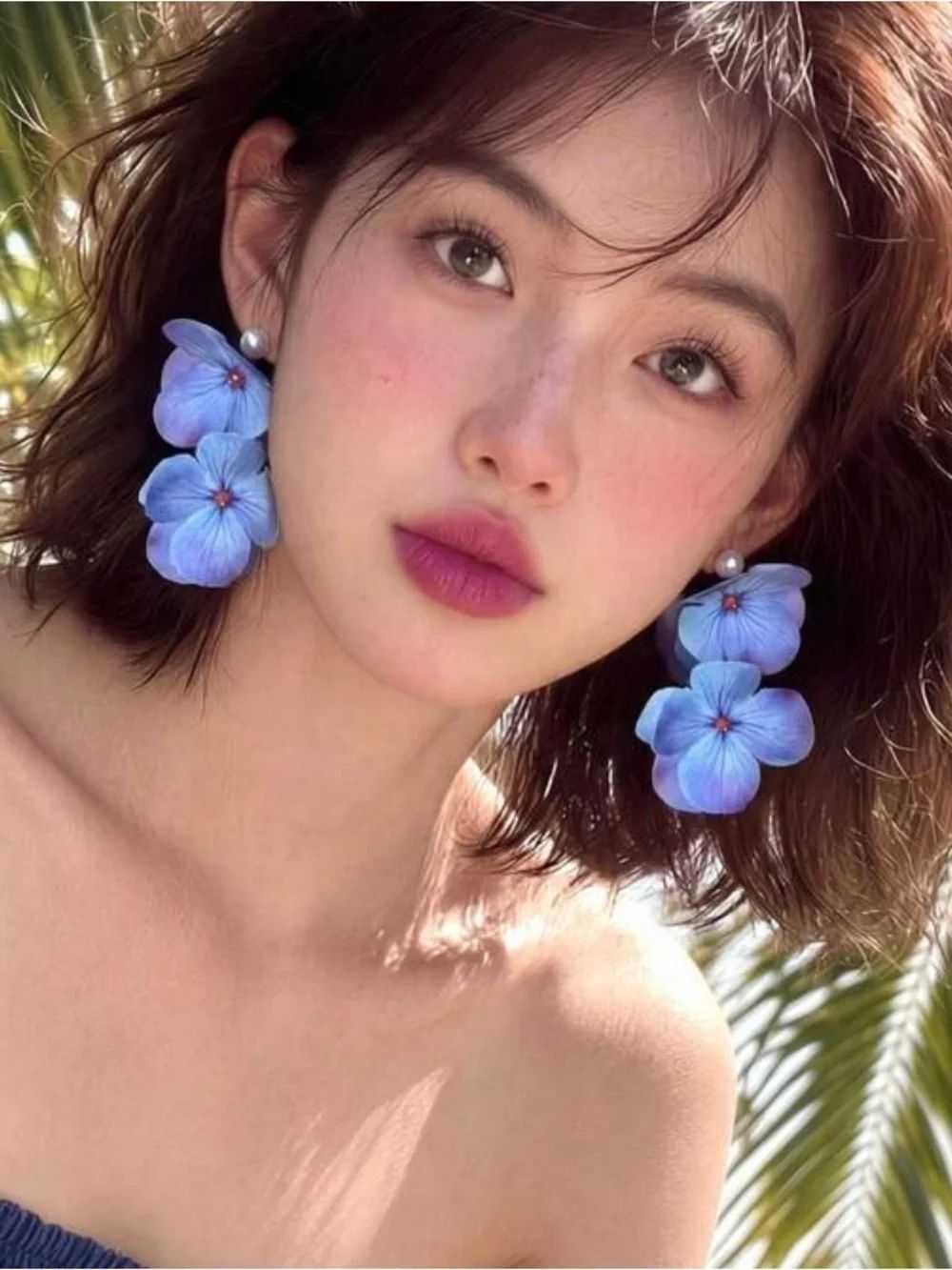 Blue Floral Drop Earrings with Pearl Studs N1511